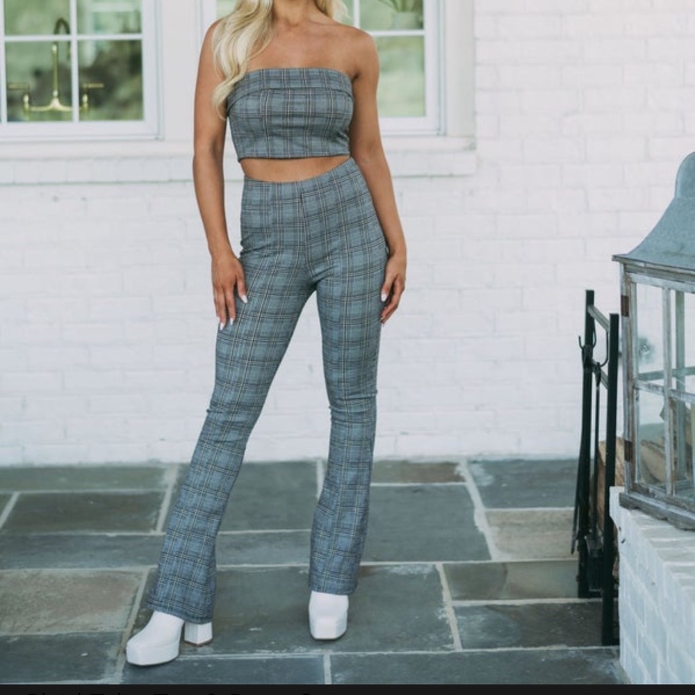 2 piece set // plaid tube top & flare pants